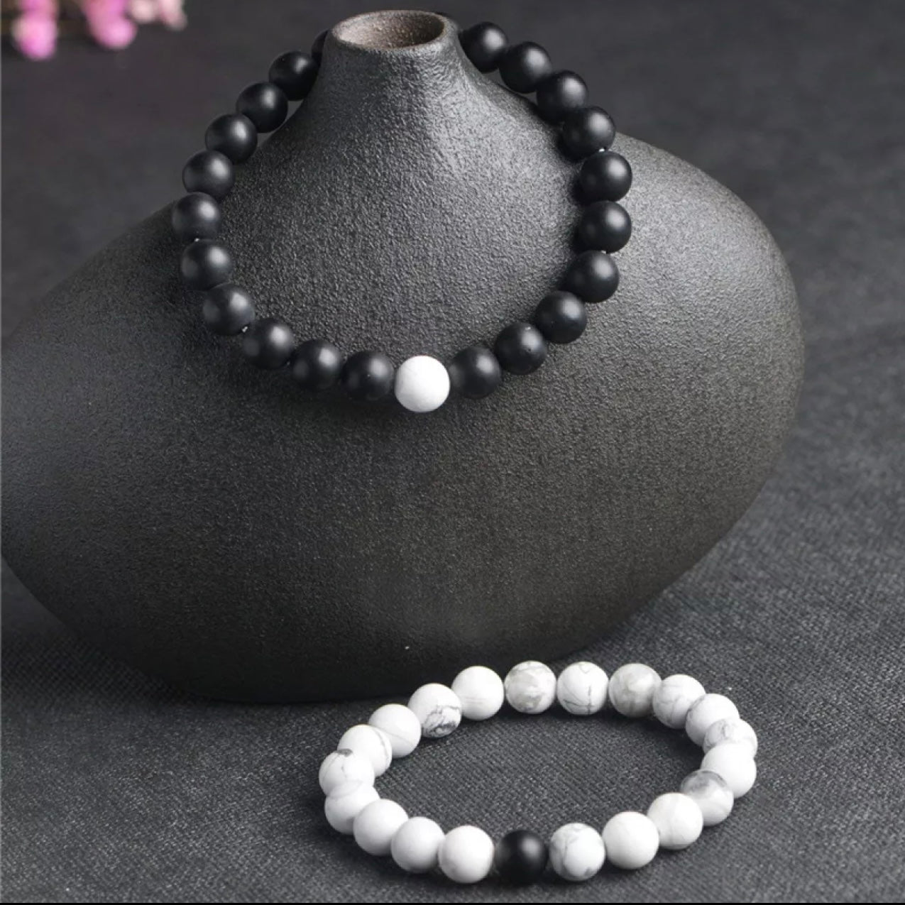 Matt Black & White Agate Energy Stone Beads